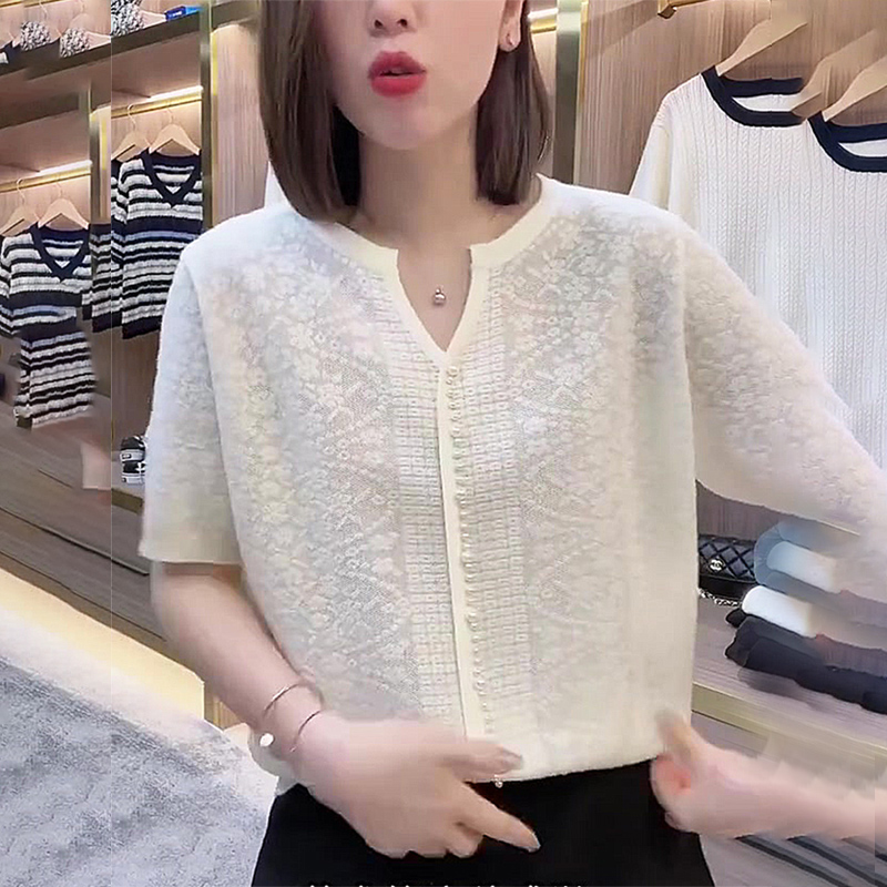 Jacquard Chinese-Style Top 2025 Summer New Popular White Round-Neck Heavy Beaded Thin Large-Size Short-Sleeve T-Shirt
