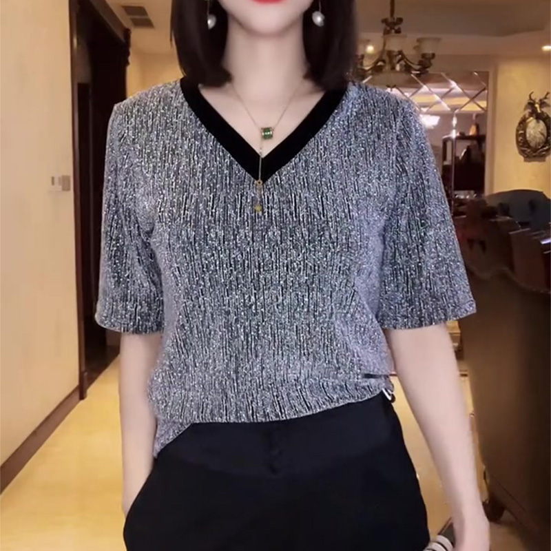 Gray V-Neck Heavy-Duty Shimmer Short-Sleeve T-Shirt for Women, 2025 Summer New High-End Plus-Size Stretchy European-Style Half-Sleeve Top