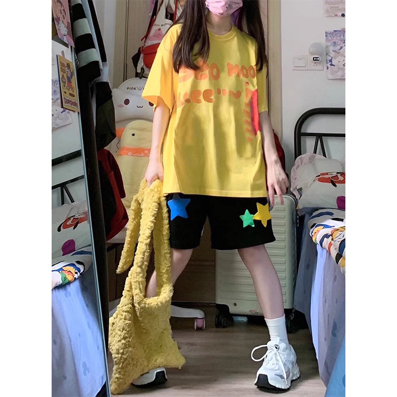 Sweet Petite Casual Sports Suit for Women, Summer Korean Style, Loose and Fashionable Short-Sleeved Shorts Running Two-Piece Set