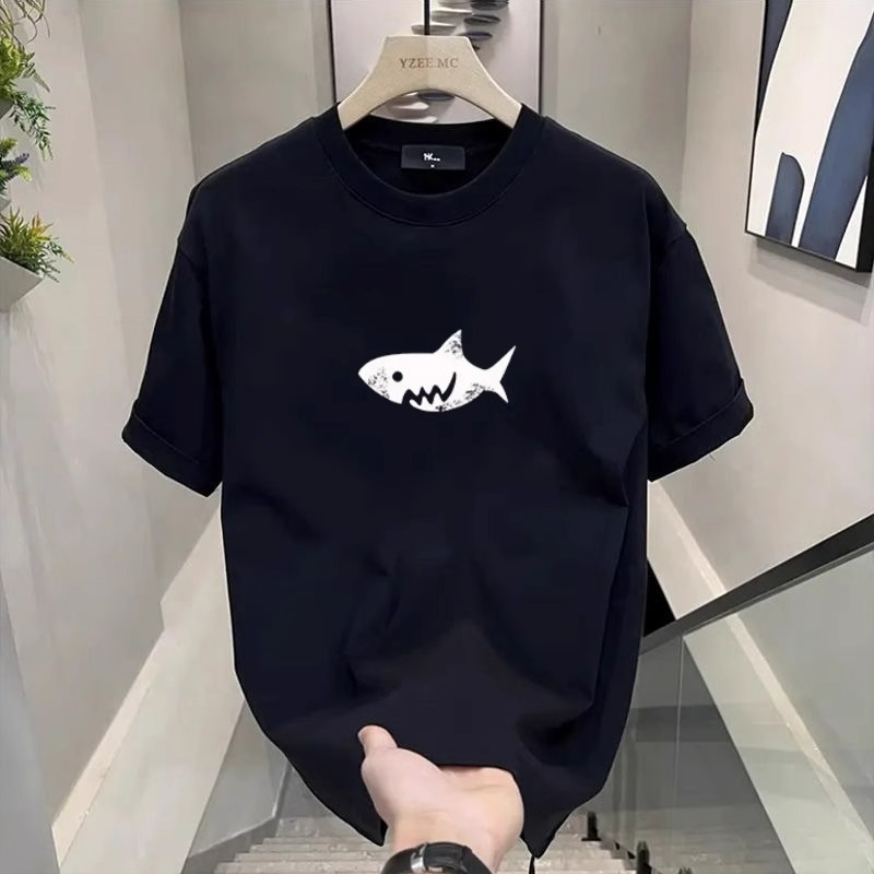 Heavyweight Trendy American-Style Cool T-Shirt with Trendy Shark Print for Men, New Summer Round-Neck Loose Short-Sleeve Top