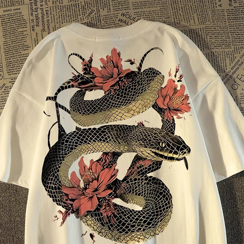 American Retro Floral Trendy Snake Print Short-Sleeve T-Shirt for Women and Men 2025 Summer European and American Street Style West Coast Half-Sleeve Top