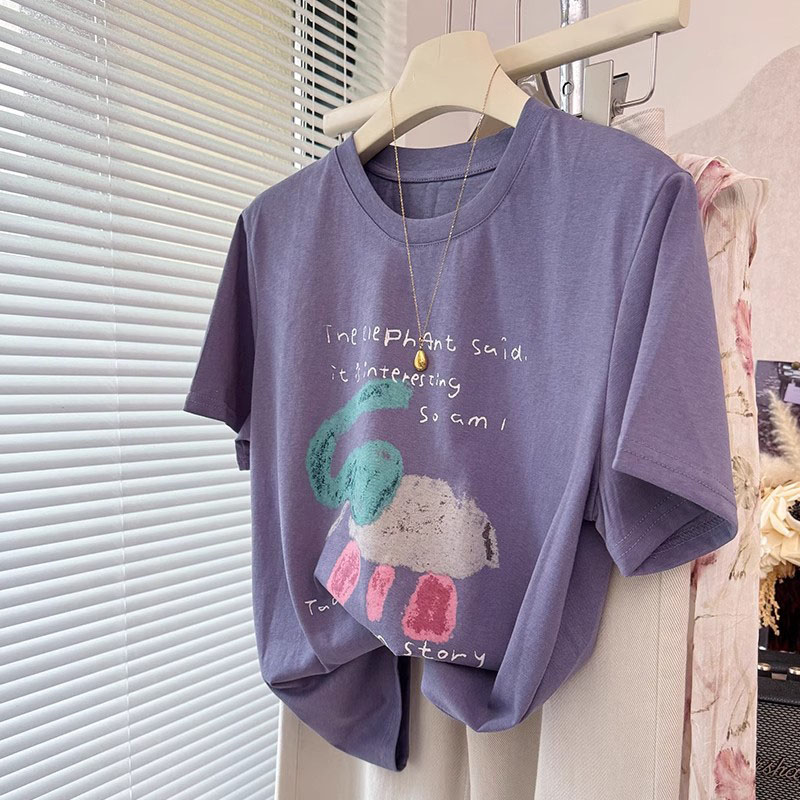 Overseas Limited-Time Clearance~ Foreign Trade Promotion Korean Style Regular Shoulder Youthful Age-Reducing Elephant Design Unisex Pure Cotton Short-Sleeve T-Shirt Versatile