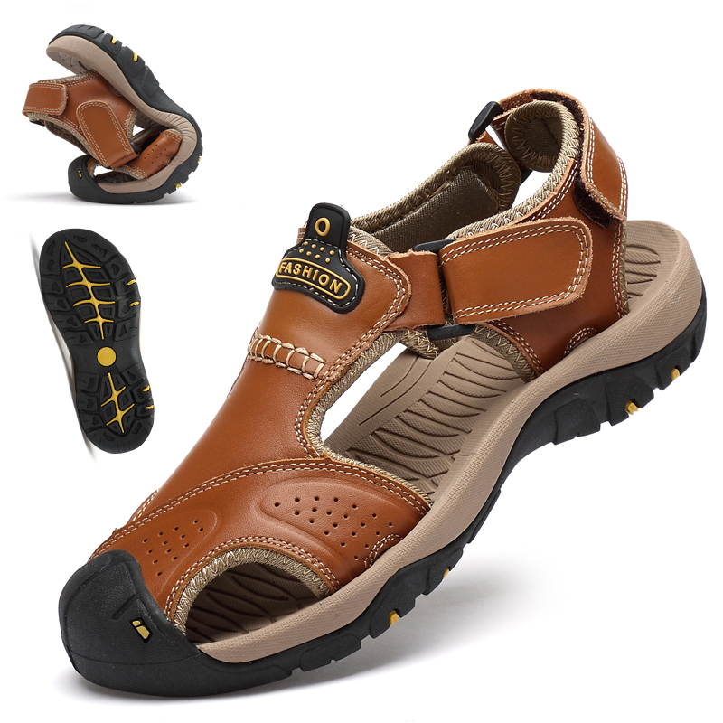 2025 New Sandals for Men, Summer Sports and Leisure, Men's Non-Slip Beach Shoes, Genuine Leather Toe-Toe Outdoor Shoes, Waterproof Shoes