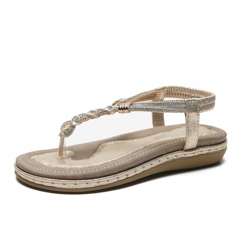 Bohemian Thong Sandals for Women 2024 Rhinestone Non-Slip Flats Beach Sandals Sandals for Women