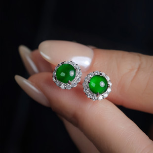 Tianxi [Jade Earrings] High Ice Full Green Natural Jade A-Grade Earrings Burmese Material 925 Silver Inlaid Hypoallergenic Earrings