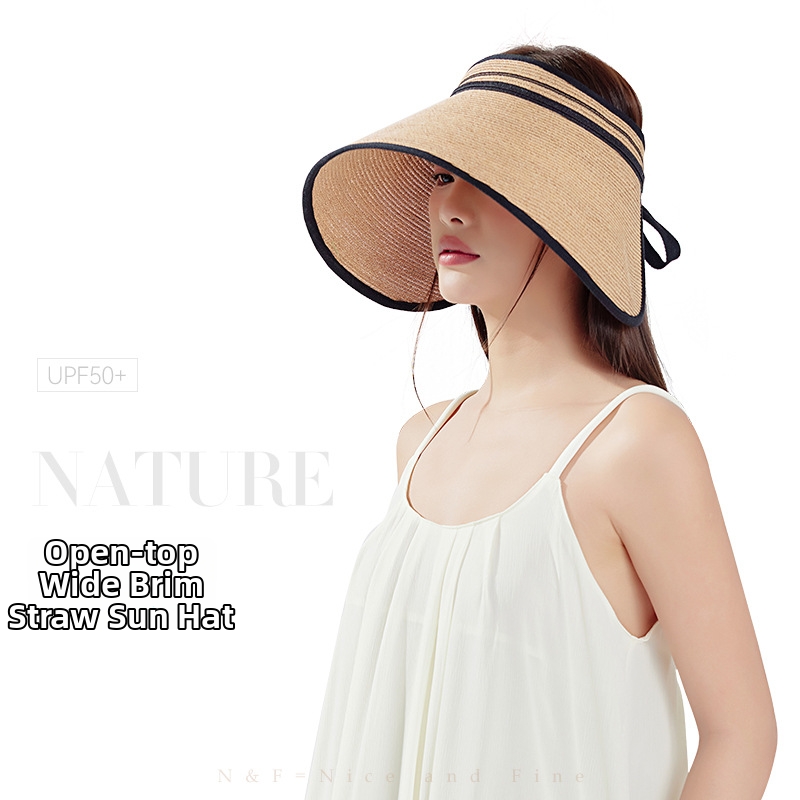 Sommer-Strohhut für Damen mit UV-Schutz, breiter Krempe, Gesichtsbedeckung, offenem Dach, maßgefertigt, Sonnenschutz, Outdoor-Hut_voghion.com