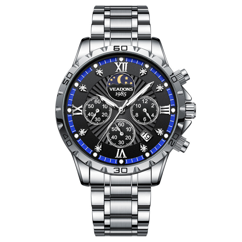 Multifunktionale Herren-Quarzuhr mit Mondphasen-Chronograph, Leuchtzeigern, wasserdichtem Edelstahlarmband und Diamantbesatz – Business-Uhr_voghion.com