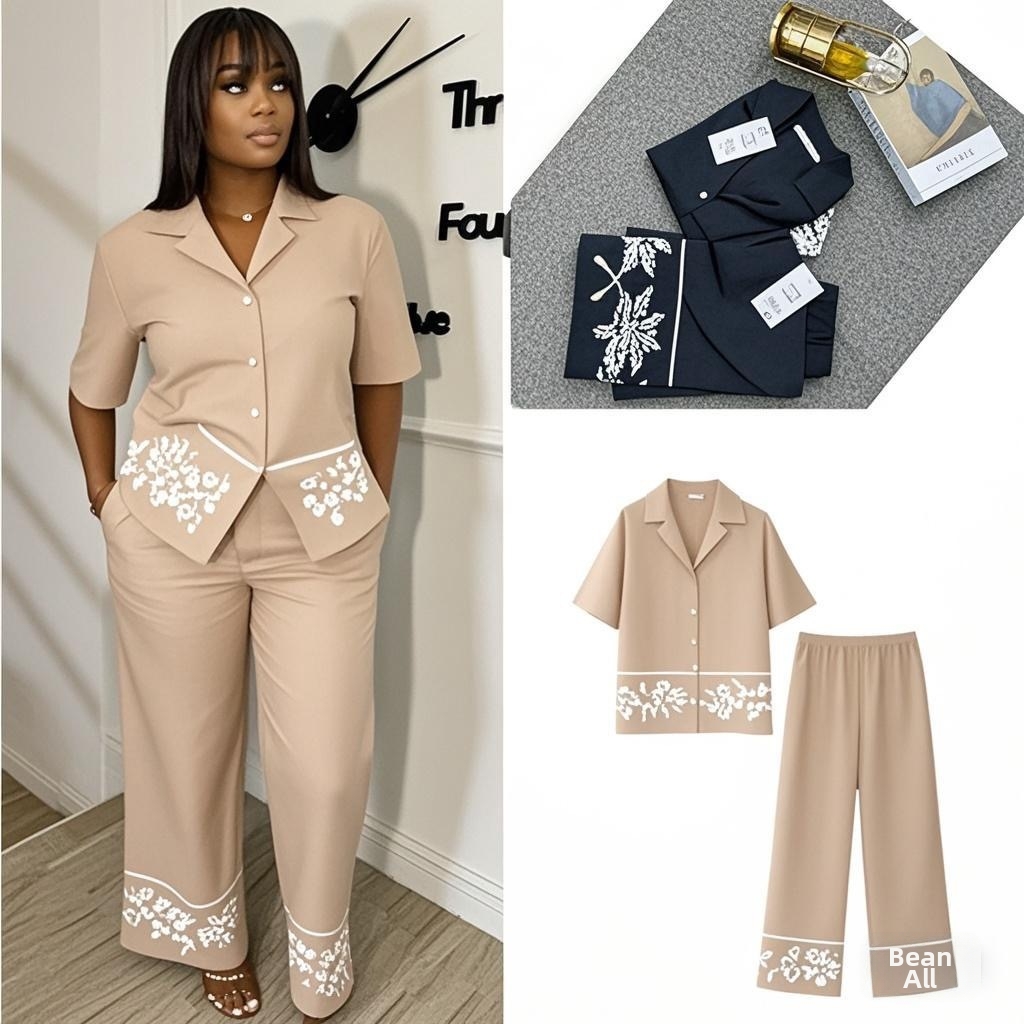 Women's Stylish V-Neck Embroidered Cardigan & Straight Leg Pants Set - Breathable Polyester Two-Piece Outfit With Functional Pockets_ecoleips.com