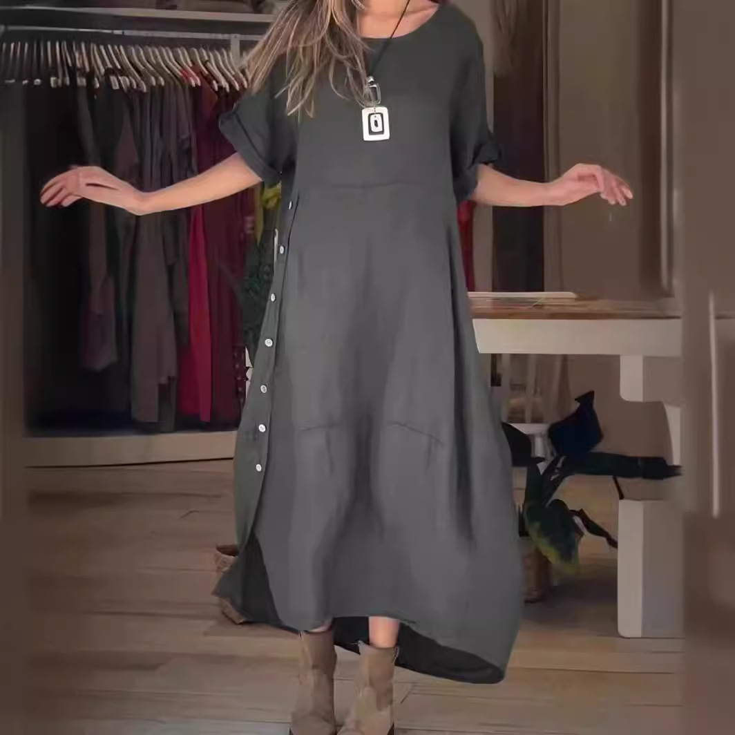 Women's Summer Style Loose Casual Solid Color Dress Short Sleeved Cotton And Linen Blend_ecoleips.com