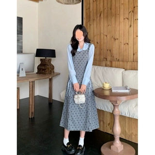 大码微胖假两件波点连衣裙女春季新款长袖背心裙胖MM遮肚显瘦裙子