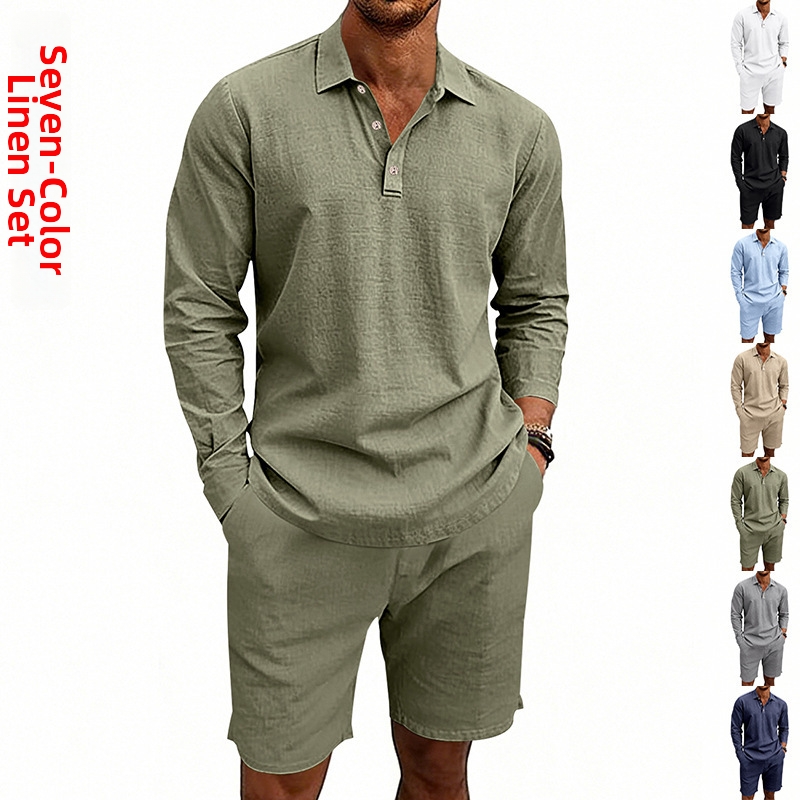 Ensemble polo et short en lin pour homme respirant été_voghion.com