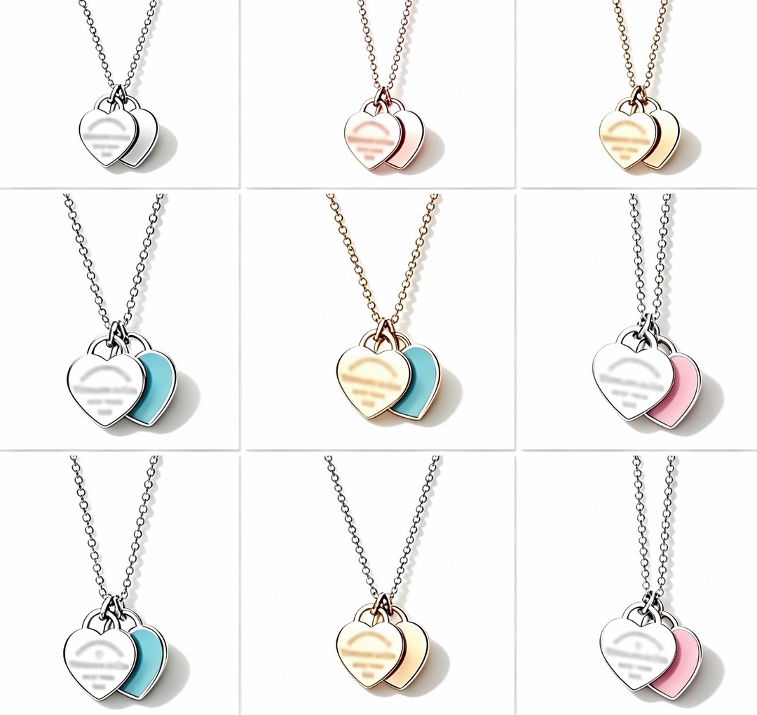 Cross-border classic double heart pendant necklace for women, red, green, pink enamel necklace, light luxury and simple style