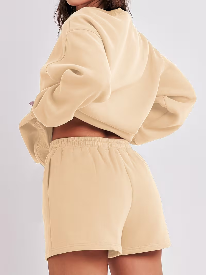 Damski zestaw bluza i szorty okrągły dekolt codzienny outfit_voghion.com