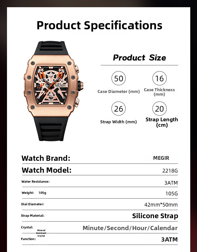Men's Quartz Watch Square Silicone Strap Chronograph Luxury Style_voghion.com