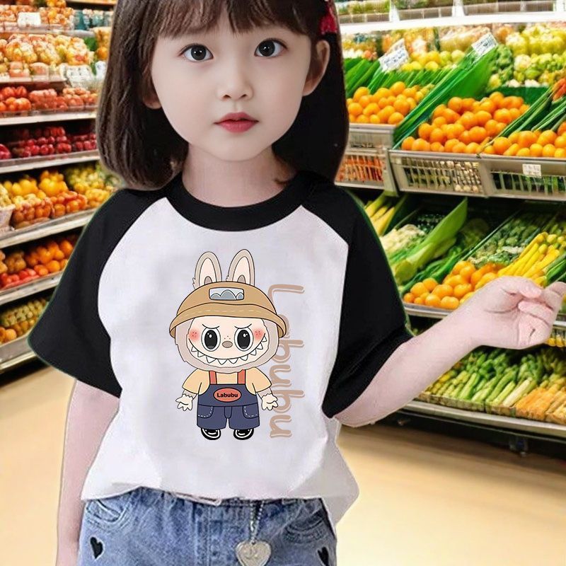 拉布布labubu新款儿童短袖T恤洋气夏季女童休闲百搭纯棉上衣卡通|undefined