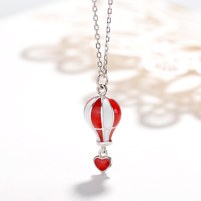 wholesale S925 Sterling Silver Red Heart-shaped Hot Air Balloon Necklace, Fashionable Korean-style Design, Versatile and Personalized Collarbone Chain-0-3
