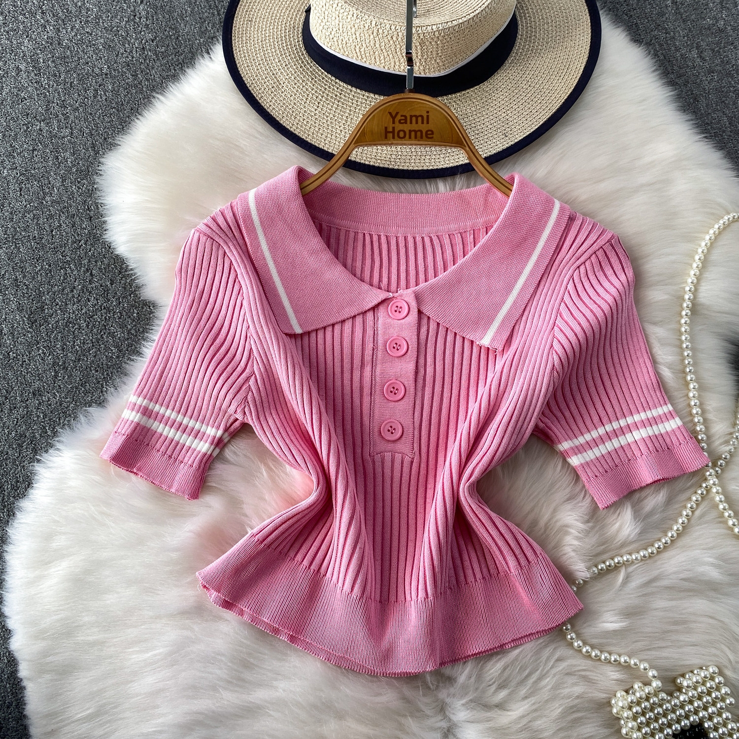 Women's Clothing Korean Style Slimming Collar T-Shirt Preppy Striped Knit Top Single Breasted Sweet Chic Versatile For Summer_ecoleips.com