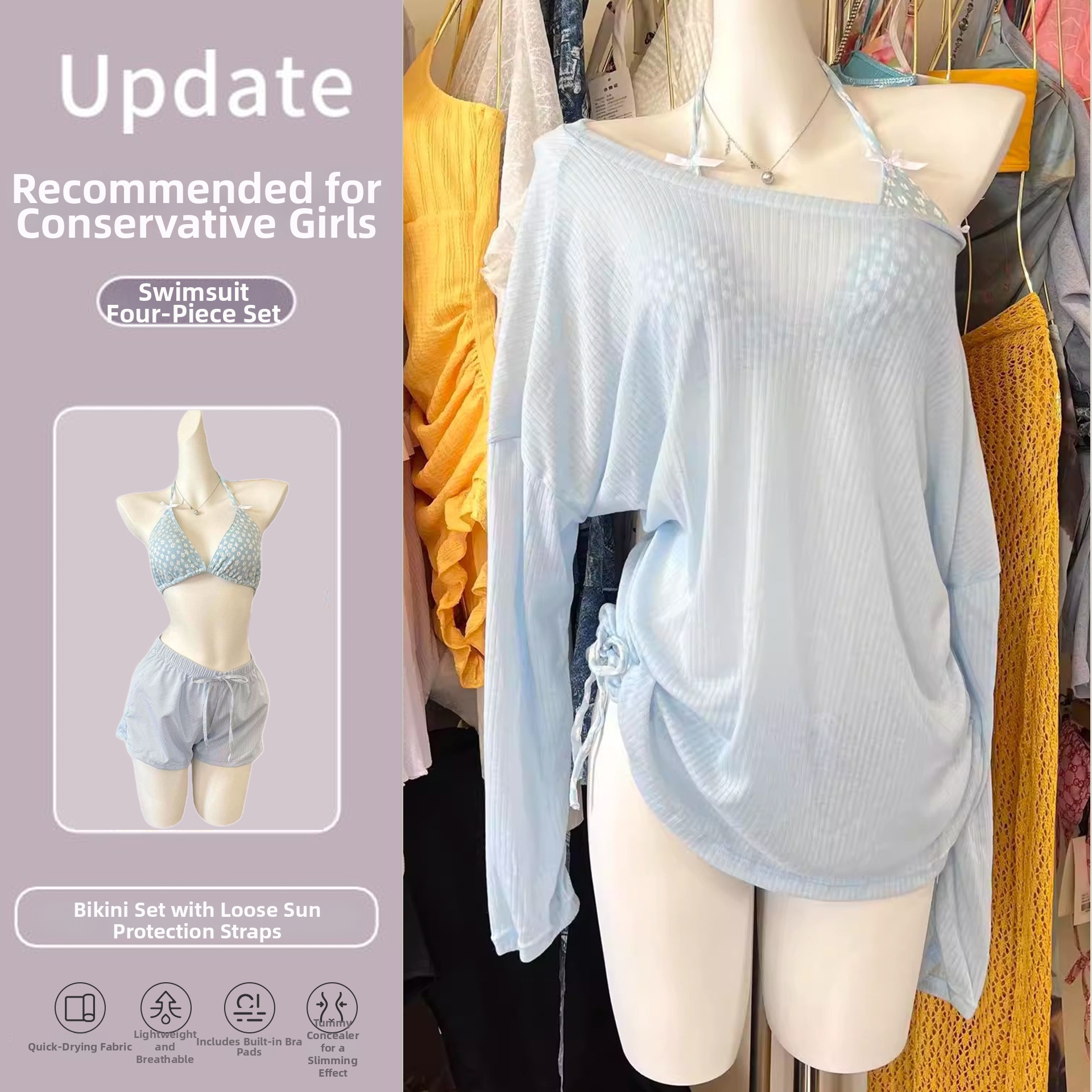 Costume da bagno da donna a 4 pezzi: bikini, copricostume e camicia da spiaggia fluida._voghion.com
