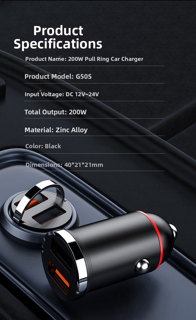 Nuovo caricabatteria da auto con anello di trazione, doppio USB, ricarica rapida, multifunzionale, accendisigari, mini accessorio di ricarica flash nascosto da 200 W_voghion.com