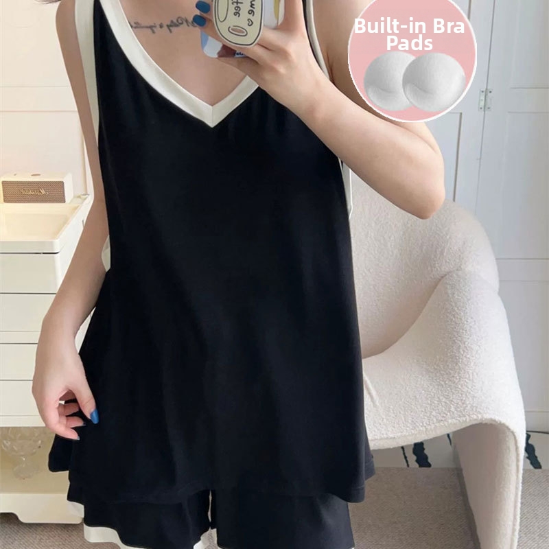 Conjunto pijama verano mujer algodón sin mangas estilo color block_voghion.com