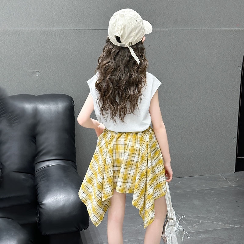秒 女童夏款网红套装2025新款女孩洋气短裤大童格子半身裙两件套|undefined