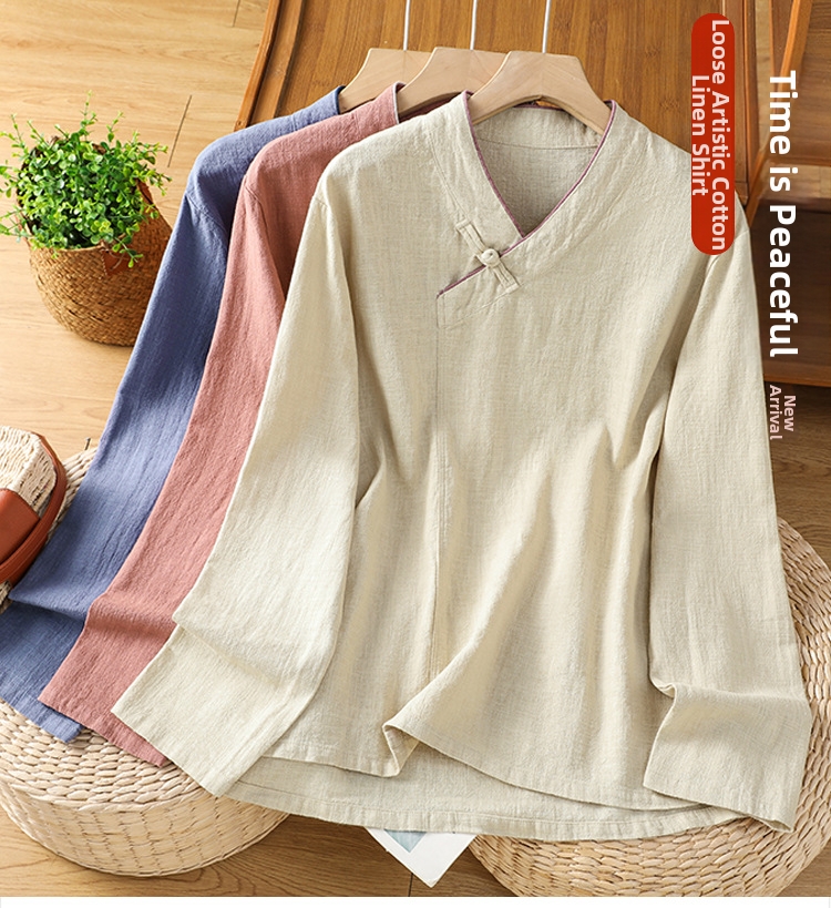 Blusa mujer estilo chino cuello v manga larga algodón y lino_voghion.com