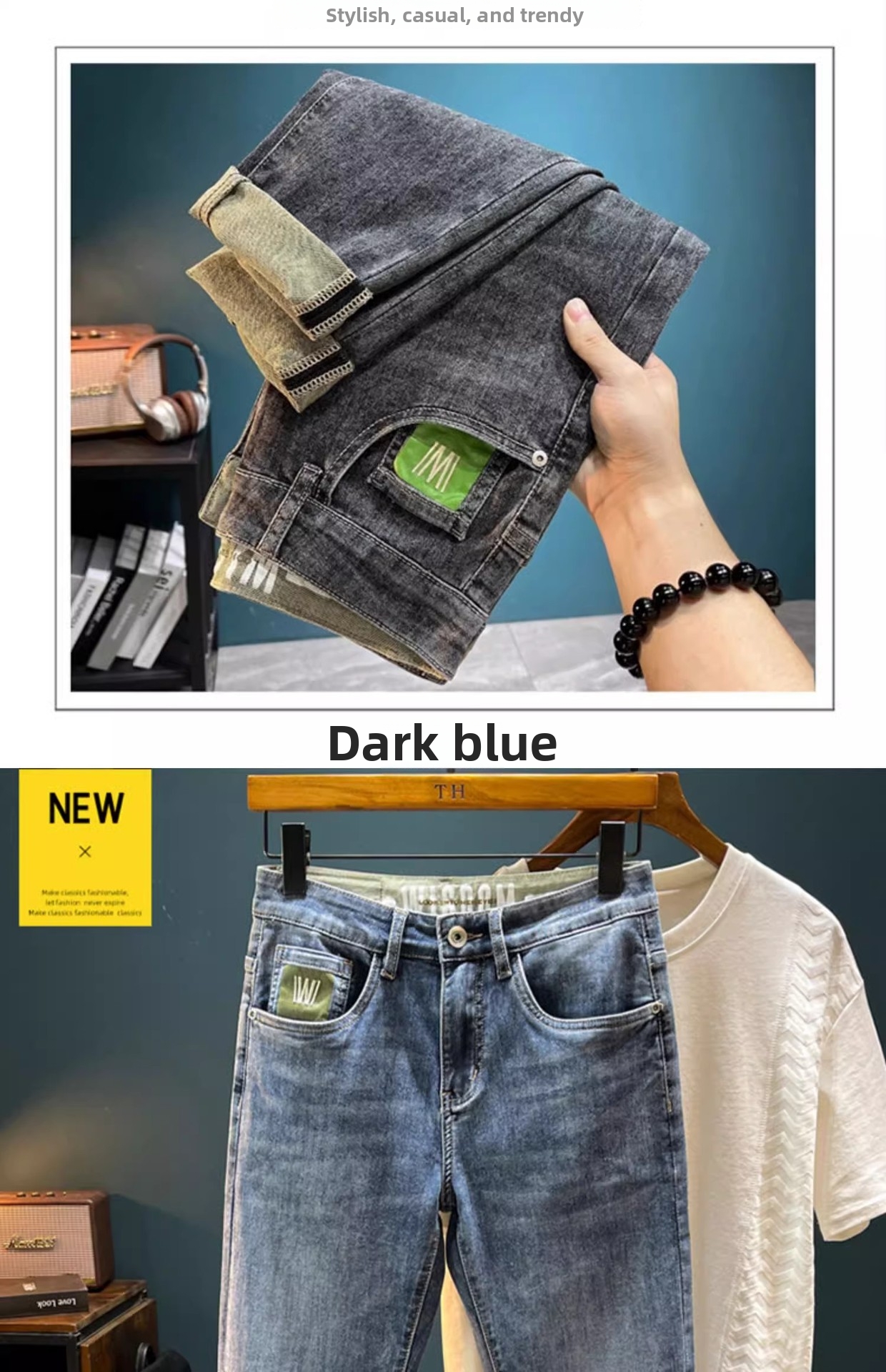 Men's Slim Fit Stretchy Jeans Casual Cropped Korean Style Trendy Slightly Wide Versatile Denim Blue Low Waist For Spring_mkmklike.com
