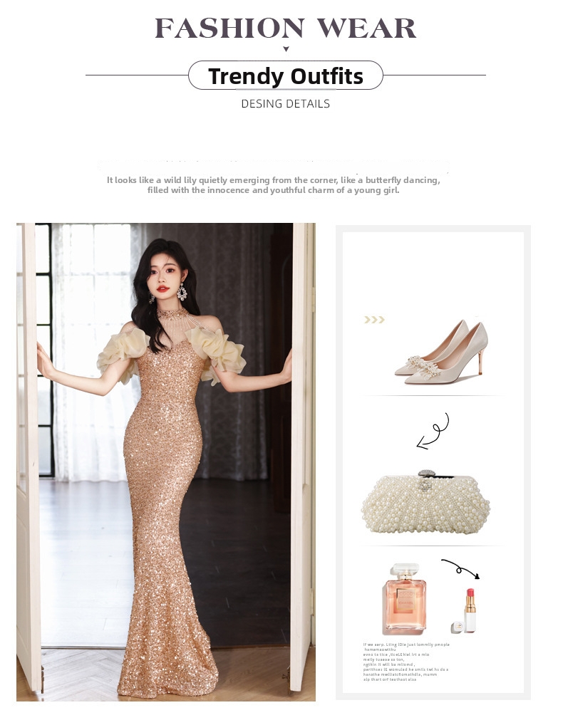 Gold Evening Gown New Style French Sequined Waist Cinching Mermaid Skirt Toasting Banquet Dress Art Exam Wear For Women_ecoleips.com