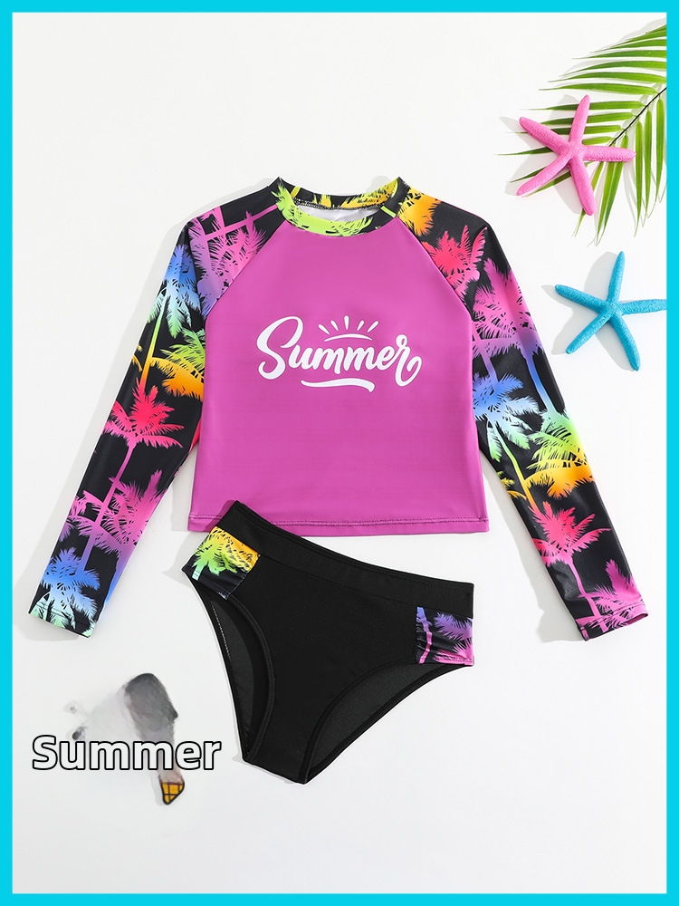 Badset för flicka två delar med långärmad rashguard uv skydd_voghion.com