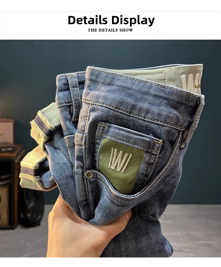 Men's Slim Fit Stretchy Jeans Casual Cropped Korean Style Trendy Slightly Wide Versatile Denim Blue Low Waist For Spring_mkmklike.com