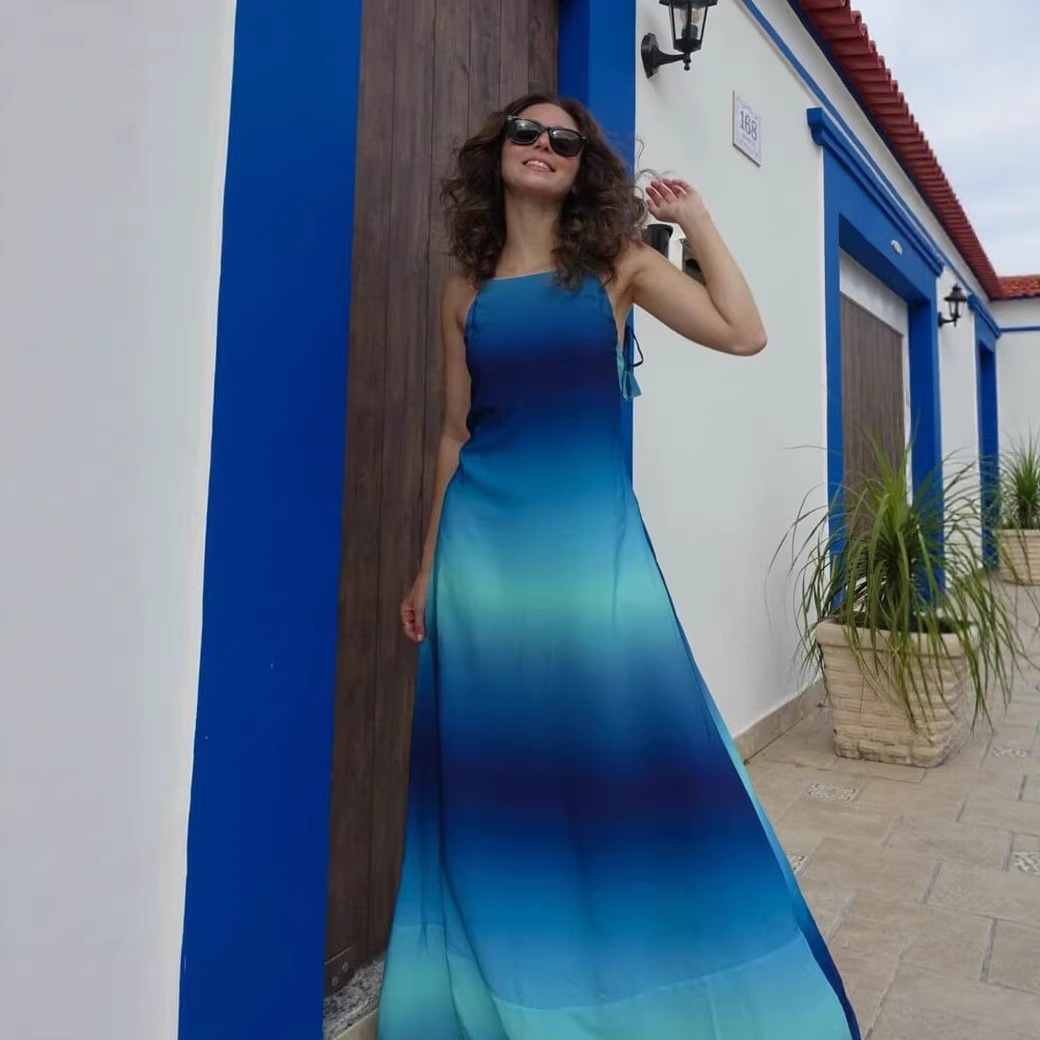 Women's Style Summer Beach Dress Color Blocking Gradient Design Backless Sexy Loose Fit With Suspender_ecoleips.com