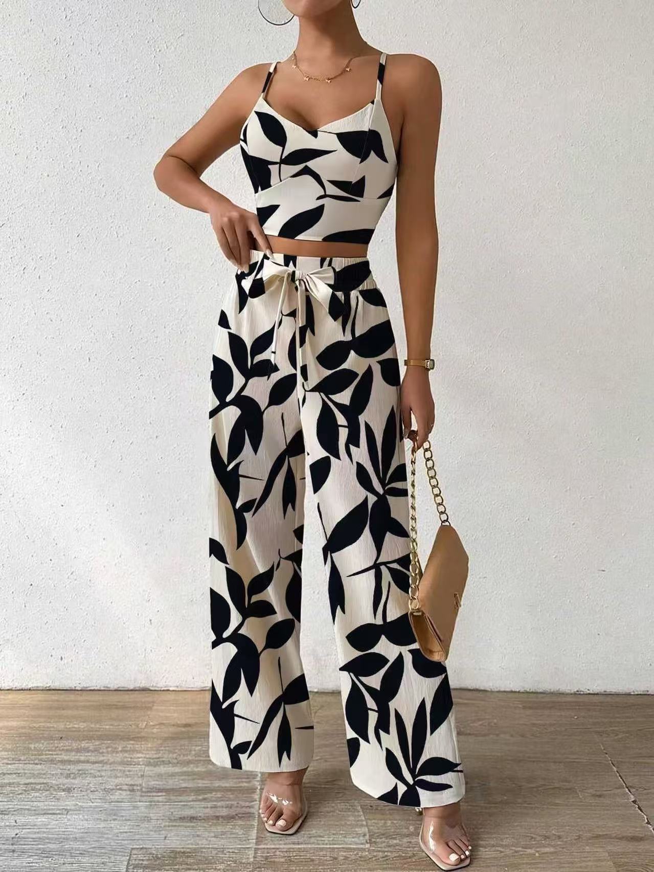 Women's Thin Strapped Elastic Vest Top Wide Leg Drawstring Trousers Set_voghion.com