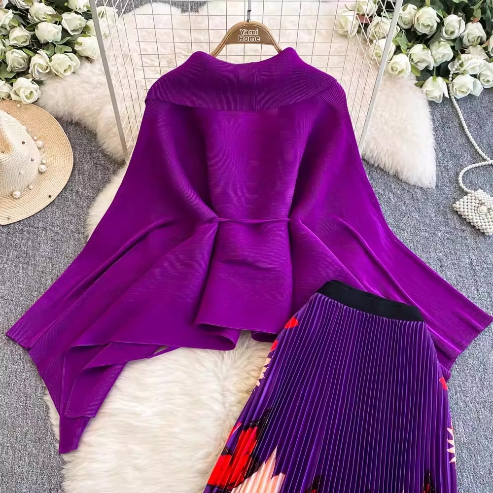 Women's Oversized Tie Waist Batwing Sleeve Pleated Top With High Waisted Printed Skirt Set American Style Loose Fit For Spring/Autumn Summer_ecoleips.com