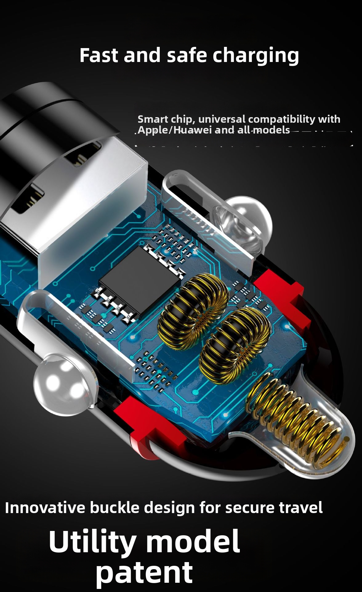 Nuovo caricabatteria da auto con anello di trazione, doppio USB, ricarica rapida, multifunzionale, accendisigari, mini accessorio di ricarica flash nascosto da 200 W_voghion.com