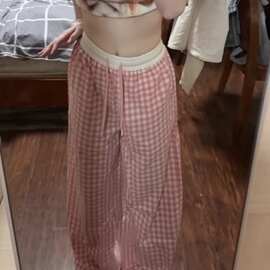 韩式复古粉色格子裤高腰阔腿裤女2025夏季新款长裤宽松显瘦休闲裤