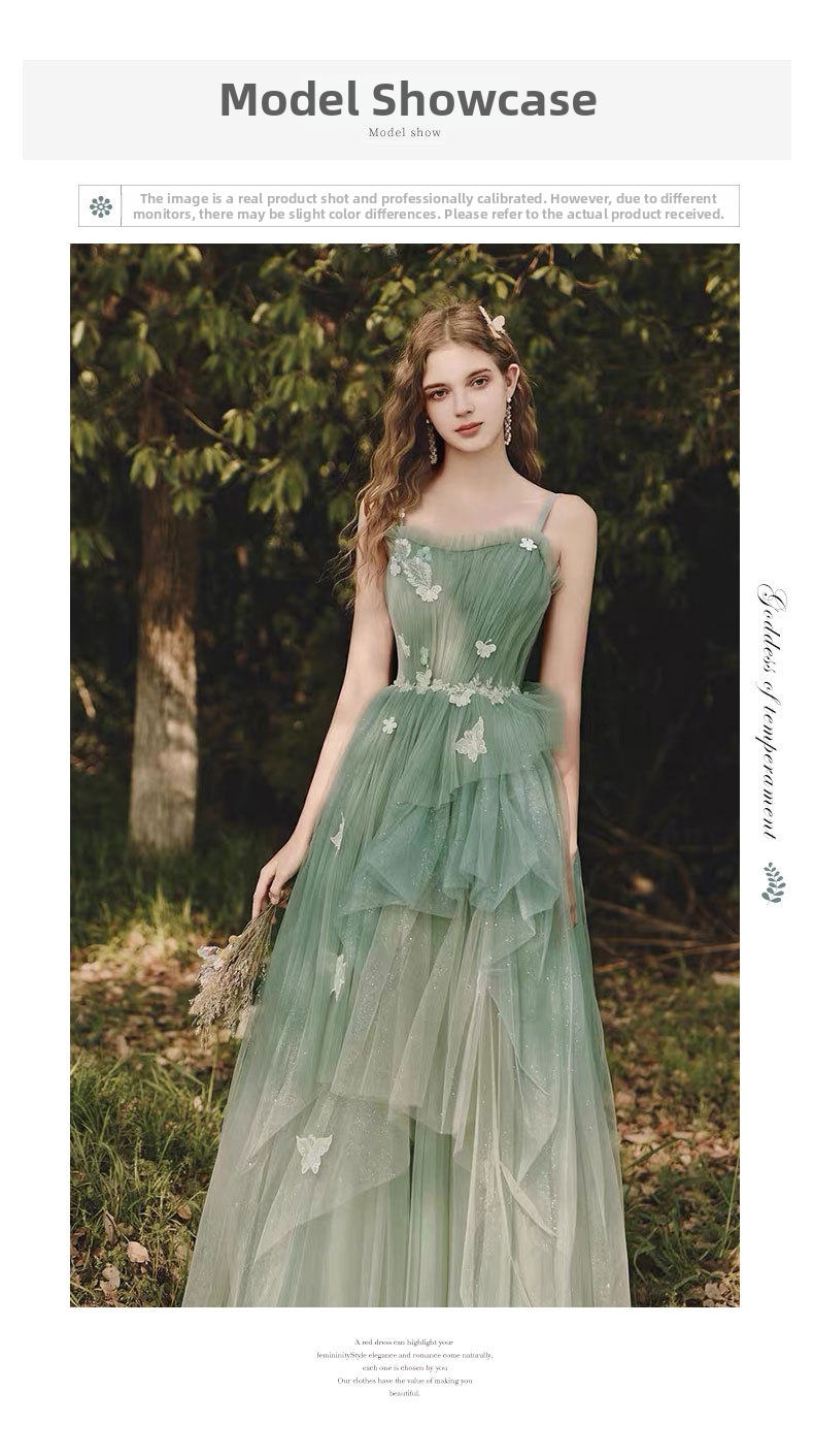 Luxurious Halter Neck Toast Dress Ethereal Green Forest Style Emcee Gown for Birthday Party Coming of Age Ceremony Women's Wedding Party Wear_ecoleips.com