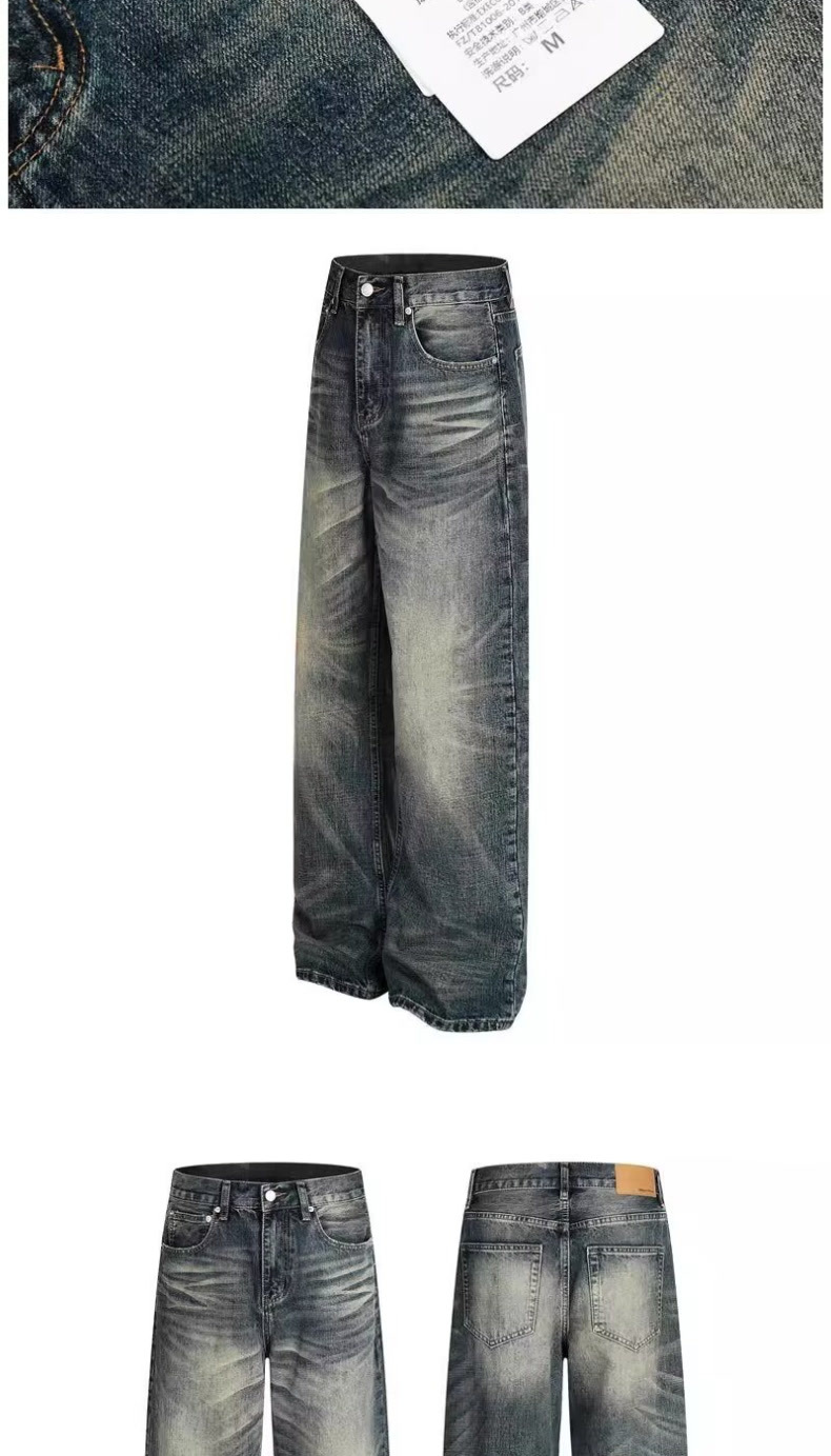 Unisex Vintage Washed Jeans – Distressed Cat Whisker & Curved Hem Design, Relaxed Wide-Leg Fit, 100% Cotton Denim Pants For Men & Women (S-3XL,)_mkmklike.com