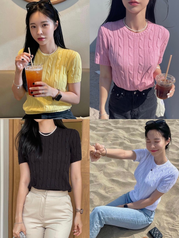 23 classic old money style twist embroidery non-pocket pullover sweater twisted Korean style all-match cotton temperament short sleeve women