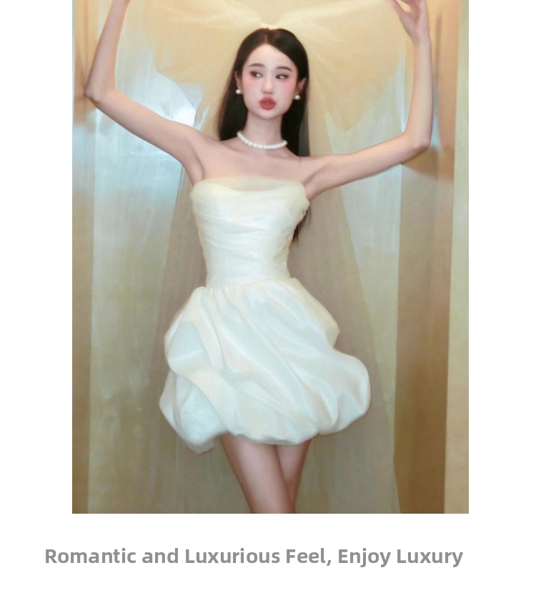 Petite French Style Satin Strapless Wedding Dress White Morning Robe Short Dress for Marriage Registration And Engagement_ecoleips.com