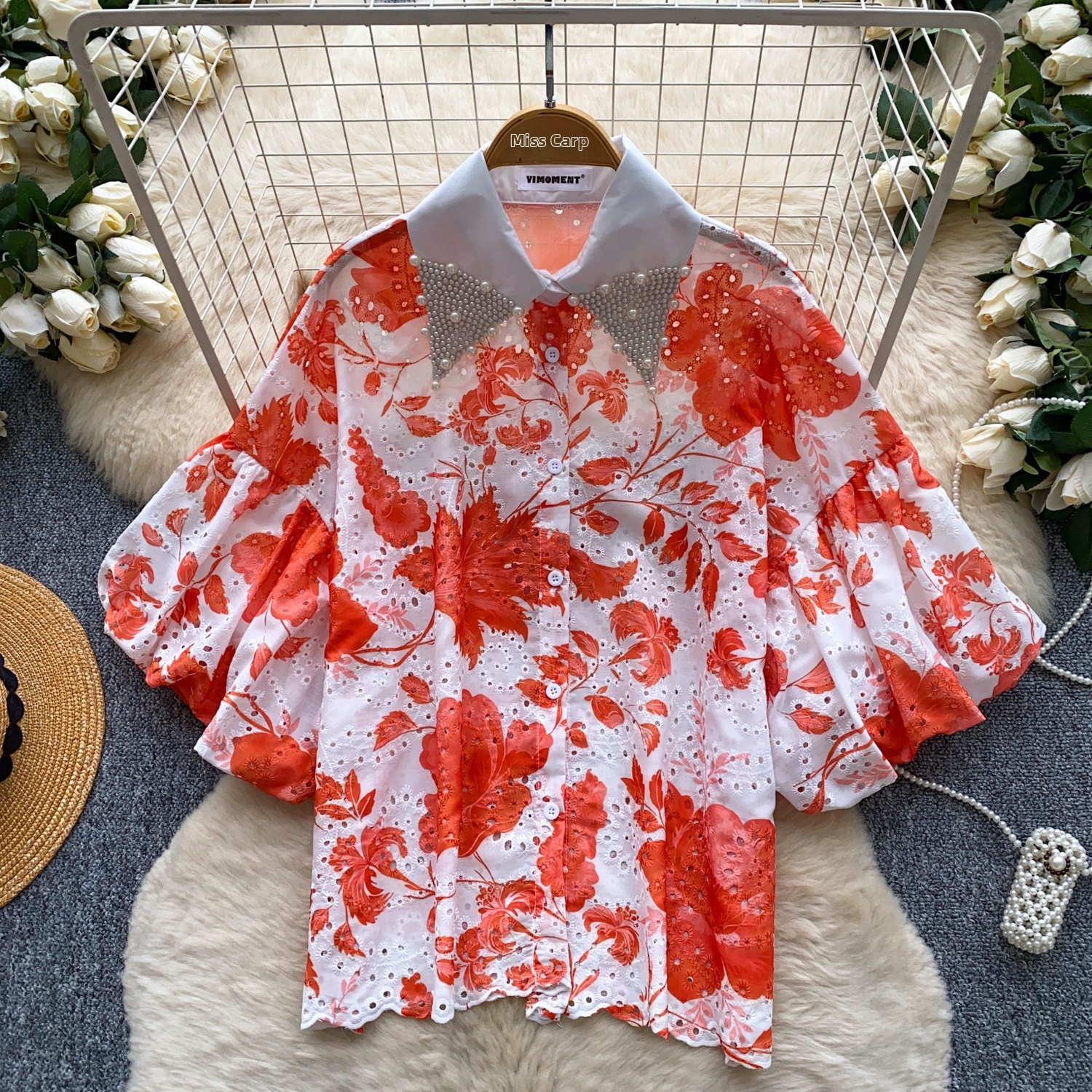 Women's Rhinestone Embellished Peter Pan Collar Lantern Sleeve Printed Shirt Loose Fitting Cardigan Top Summer Short Sleeved Heavy Duty_ecoleips.com