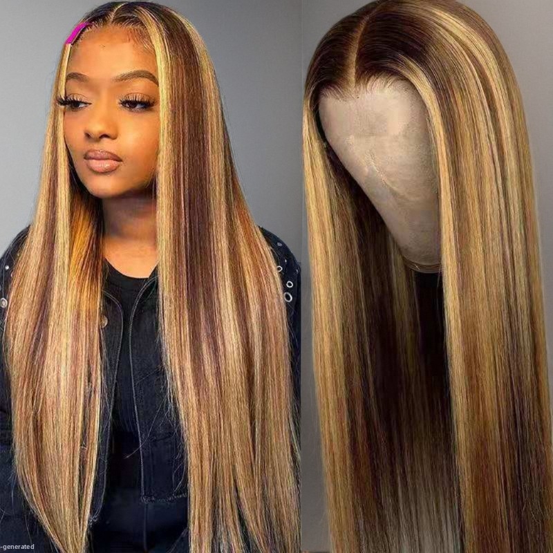 Women's Long Straight Hair Wig Brown Gold Gradient Rose Mesh European American Style Synthetic Hair Extension_voghion.com