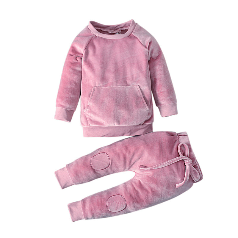 Kids' Long Sleeve Solid Color Top With Pockets + Velvet Pants 2-Piece Set, Unisex Casual Outfit For Boys & Girls, Soft & Comfortabl_voghion.com