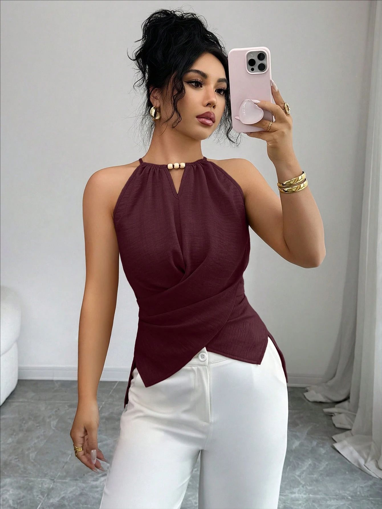 Damen Halterneck Oberteil Crossover Slim Fit Bluse Elegant Casual_voghion.com