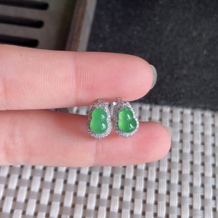 Myanmar natural a jade Fulu earrings 18K gold inlaid old pit ice green gourd jadeite earrings 2.14g
