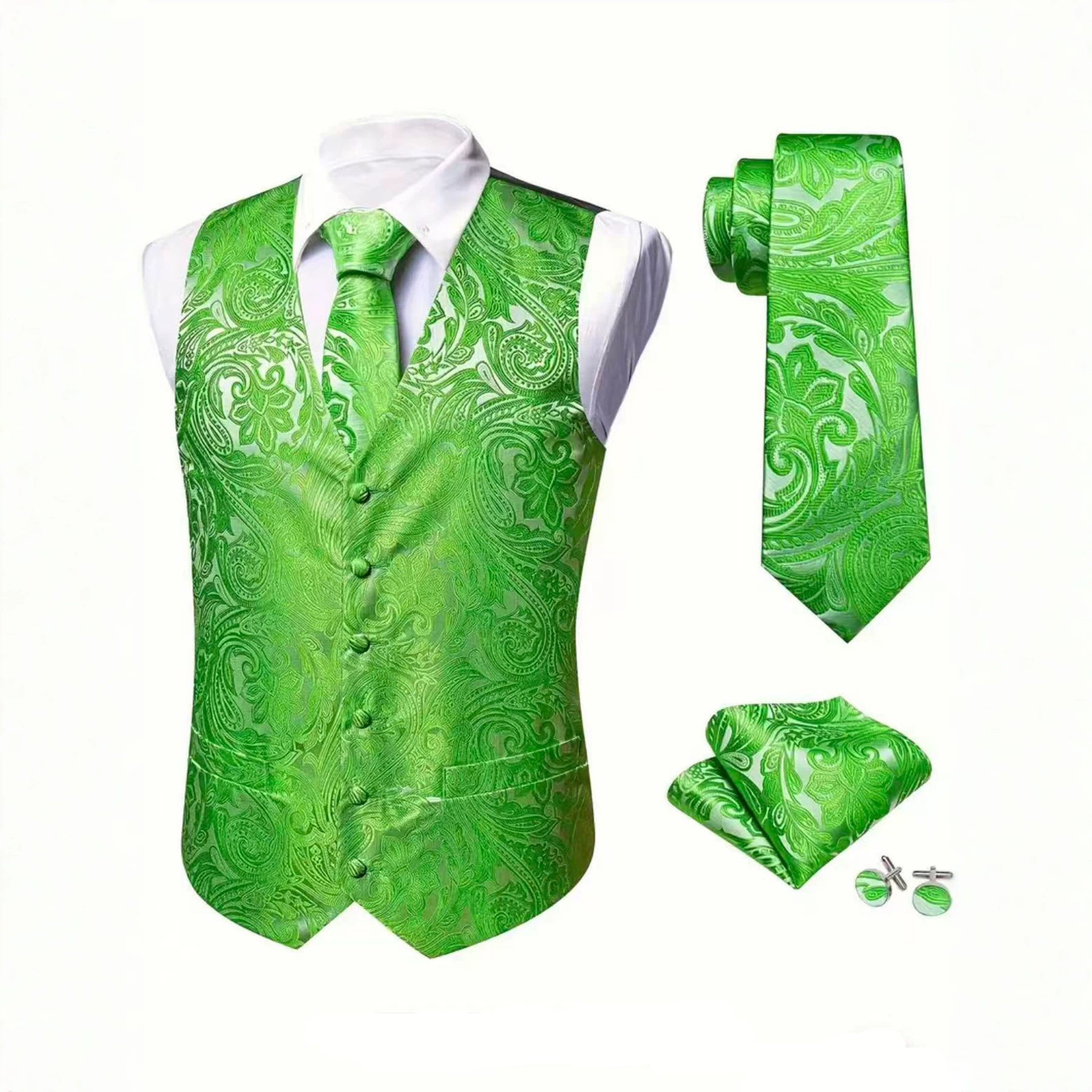 Herren-Weste und Krawatten-Set mit Paisley-Muster, schmaler Passform und kostenlosem Einstecktuch, Anzug-Accessoire im Exportstil für Frühling, Herbst und Winter_voghion.com