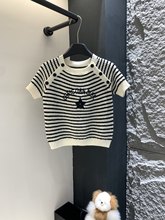 南油女装D家25夏季新款五角星刺绣圆领短袖针织衫女撞色条纹上衣