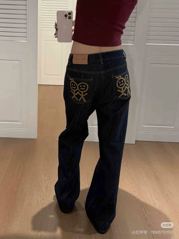 2026 early autumn new vintage American style dark wash matchman embroidered straight denim pants for women 2026 early autumn new vintage American style dark wash matchman embroidered straight denim pants for women