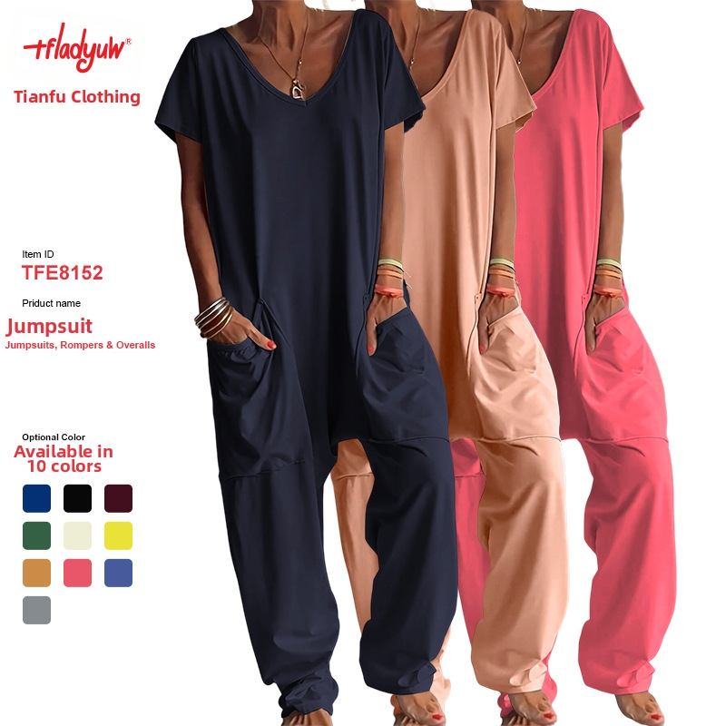 Women's Clothing Summer Women's Solid Color V Neck Jumpsuit Low Crotch Oversized Pockets Style Best Selling Pants_voghion.com