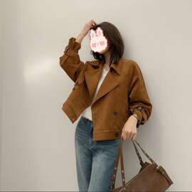 韩国秋冬小众复古翻领感气质麂皮绒短款双排扣风衣外套