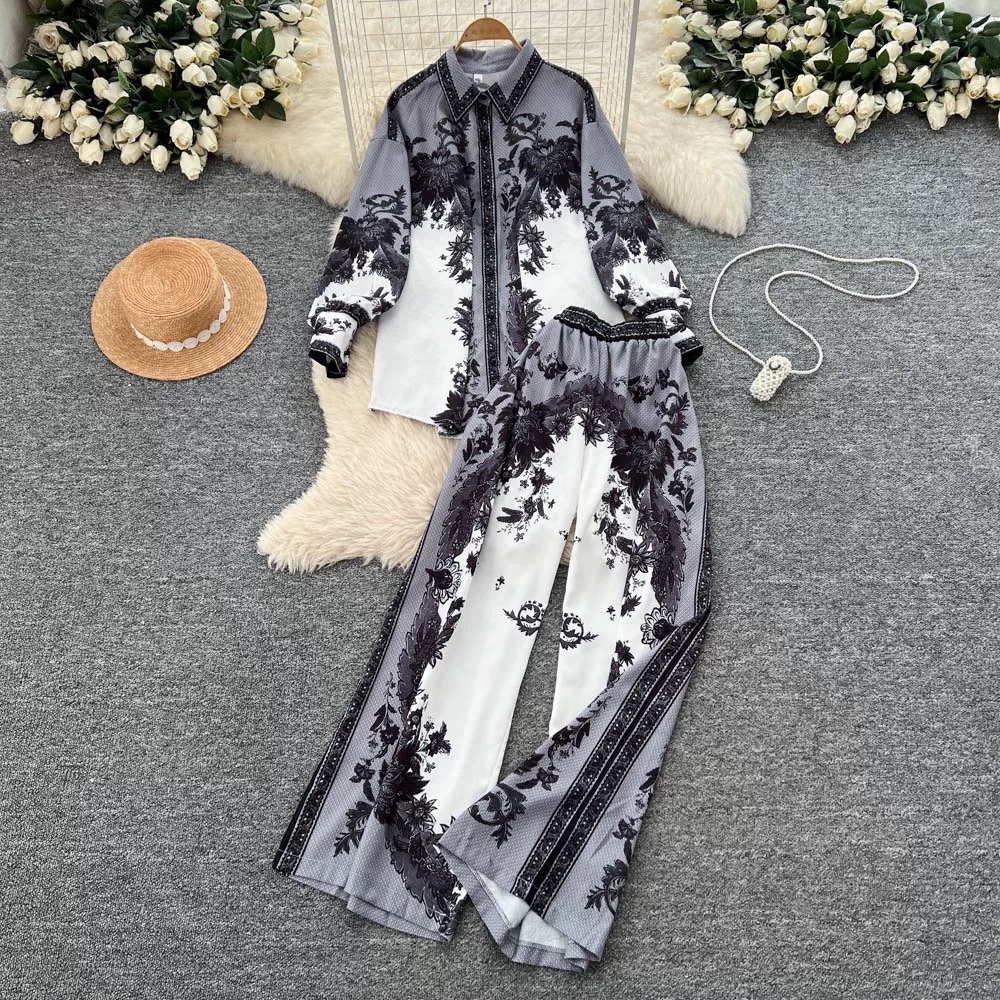 Women's European Style Chic Printed Shirt And Pants Set Casual Long Sleeve Loose Fit High Waist Wide Leg Straight Pants Autumn Wear_ecoleips.com
